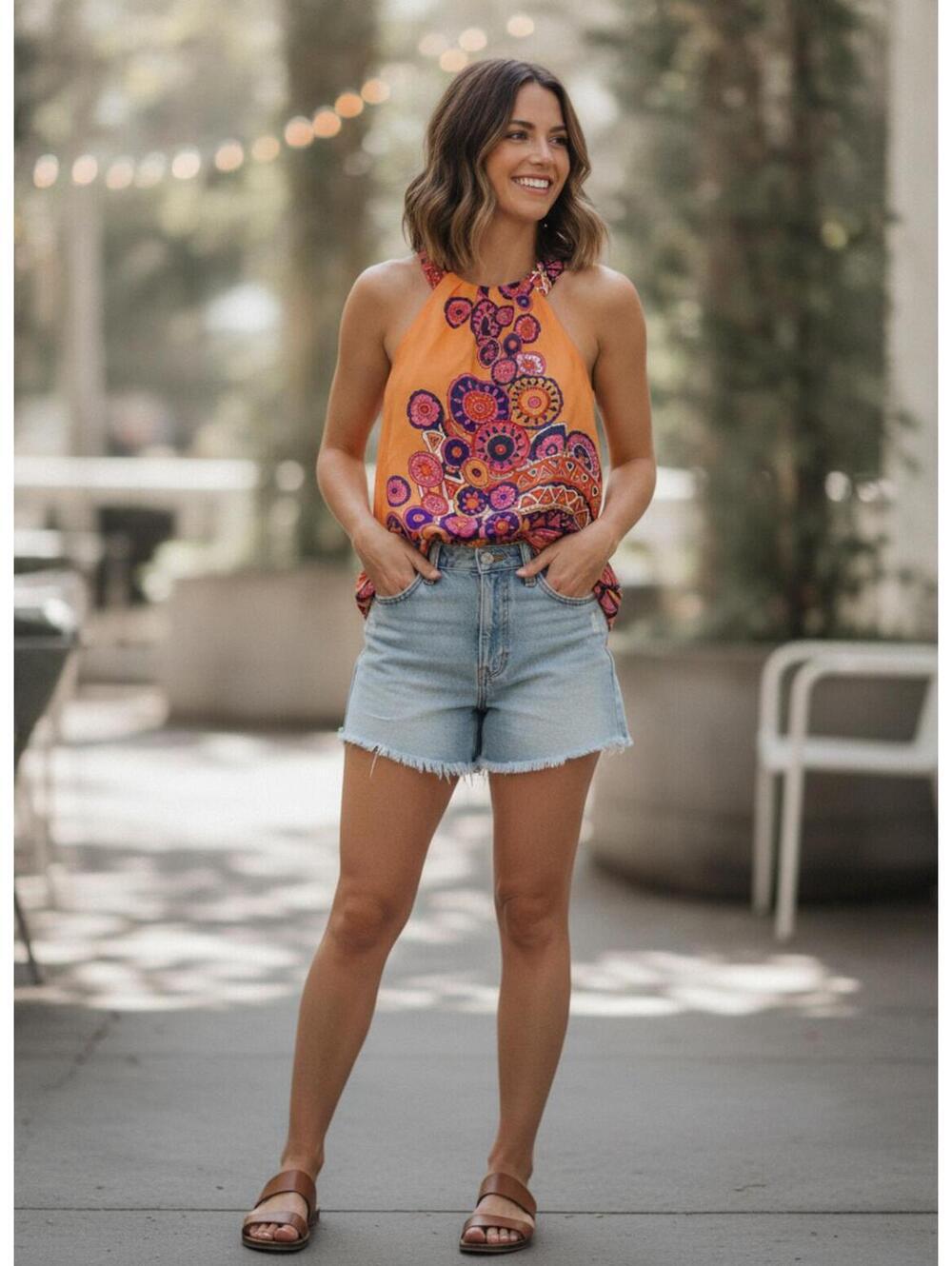 Skirtin  Around Orange Multicolor Floral Geometric Silk Halter Blouse Size 12
